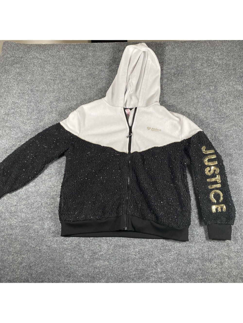 Justice Sport Jacket Girls XL 16/18 Black Full Zip Sherpa Glitter Hoodie AE